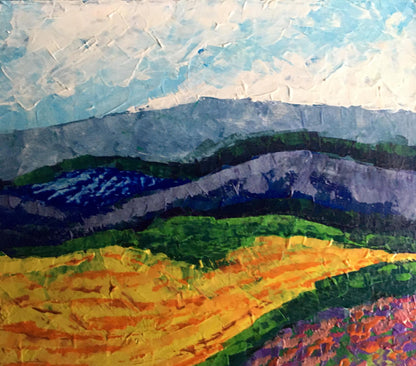 Oil painting Carpathians V. Zadorozhnya: textured green gold hills under blue sky