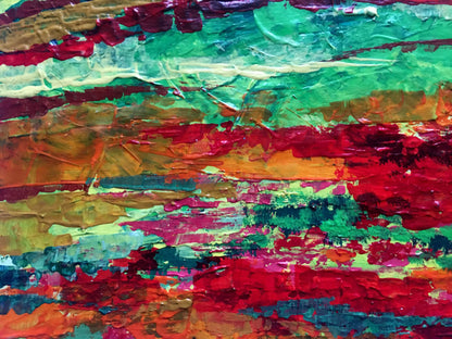 Vibrant oil painting of mountain view by V. Zadorozhnya in bold reds and greens