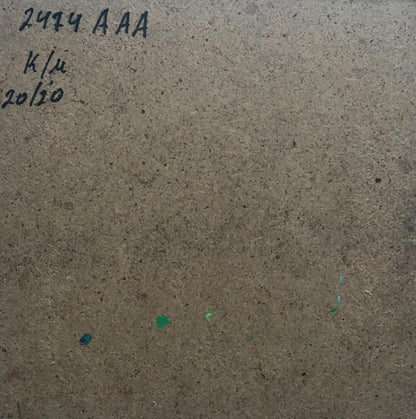 Back of oil painting Mountain view V. Zadorozhnya on brown cardboard with paint splatters