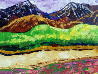 Vibrant impressionist oil painting by V. Zadorozhnya: colorful green hills, purple mountains