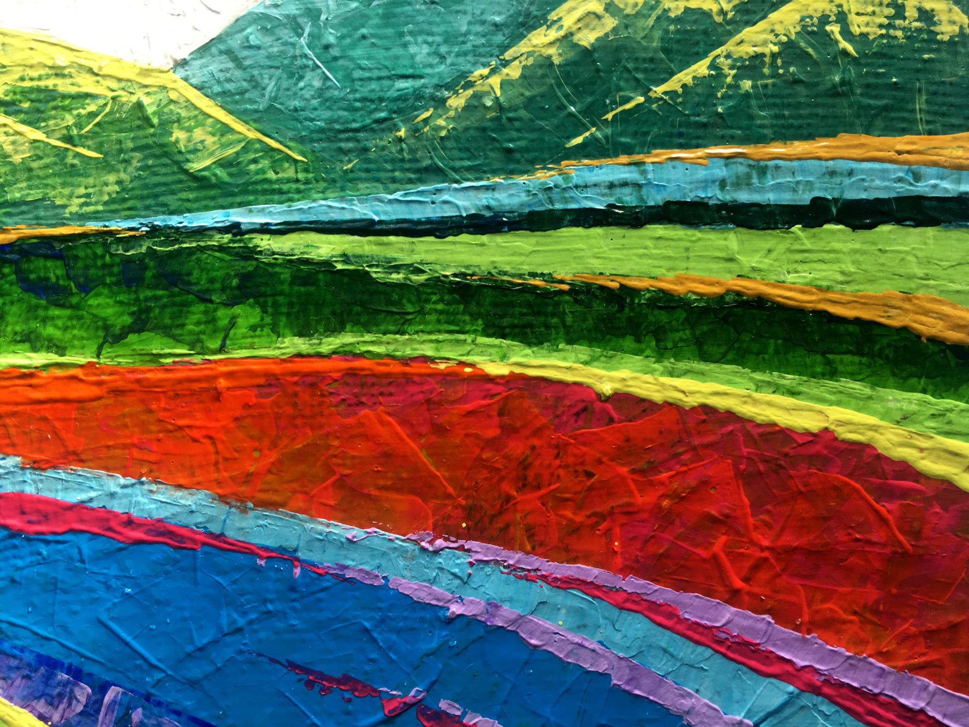 Vibrant Big Mountains oil painting by V. Zadorozhnya with textured greens, reds, blues, yellows