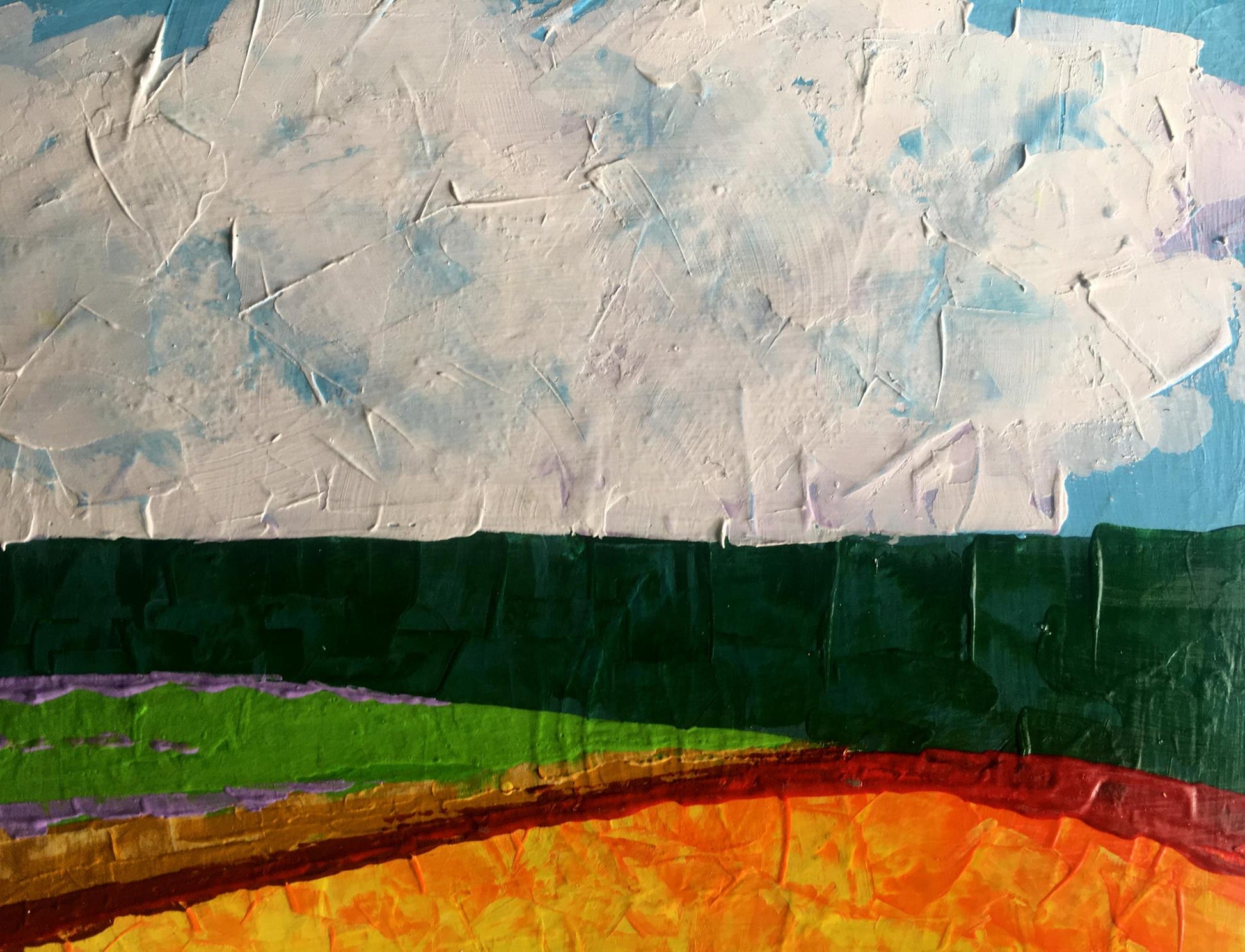 Oil painting Summer perspective after rain by V. Zadorozhnya, vibrant orange green impasto landscape