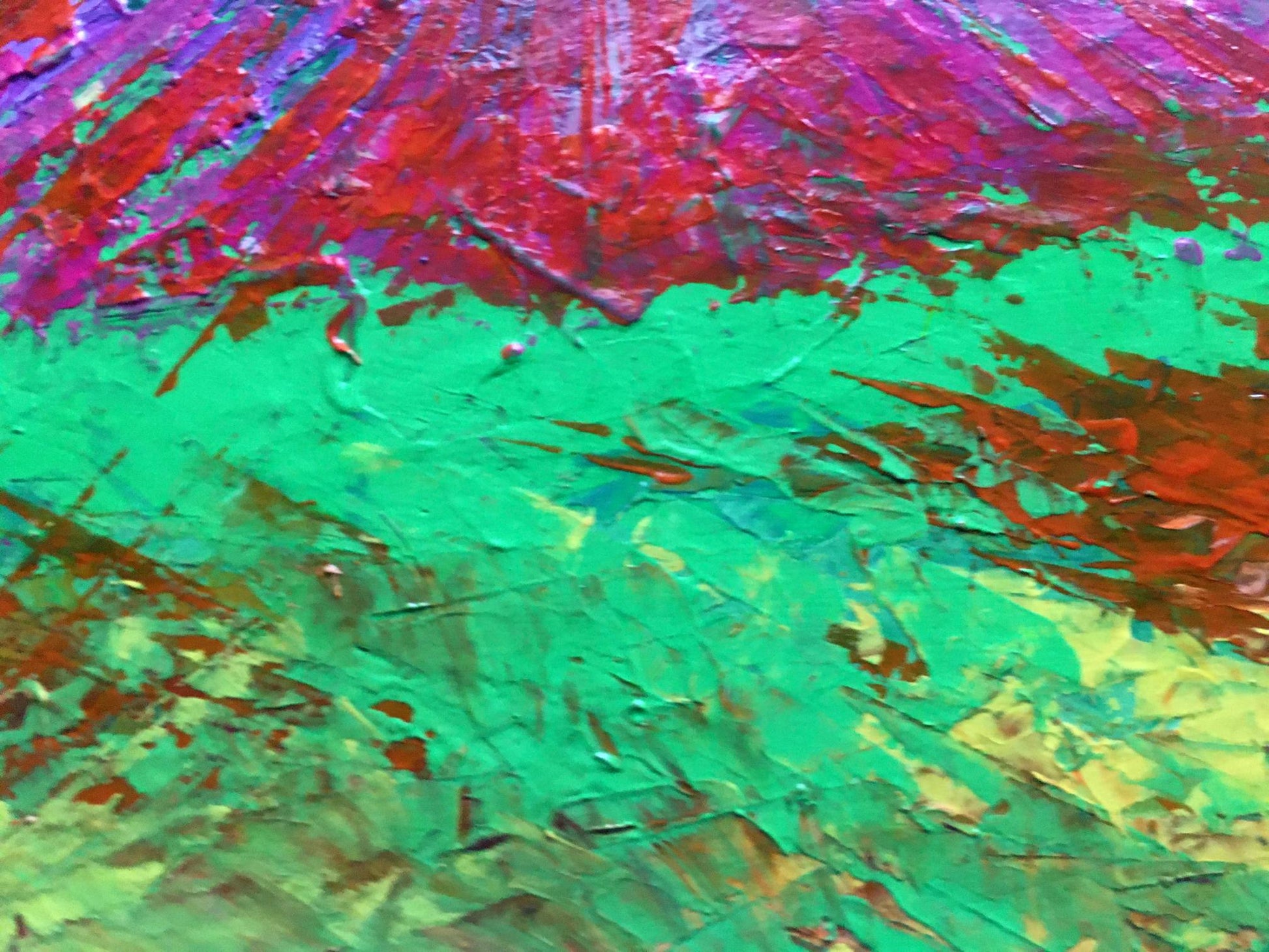 Vibrant oil painting of big mountain peak by V. Zadorozhnya in purple, red, green, gold