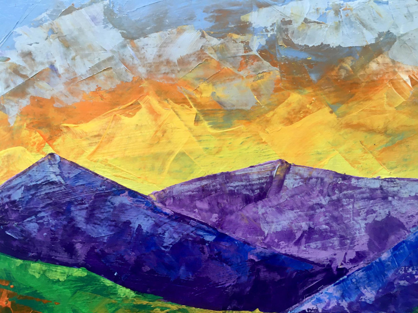 Vibrant abstract mountain landscape oil painting by V. Zadorozhnya, By the Evening