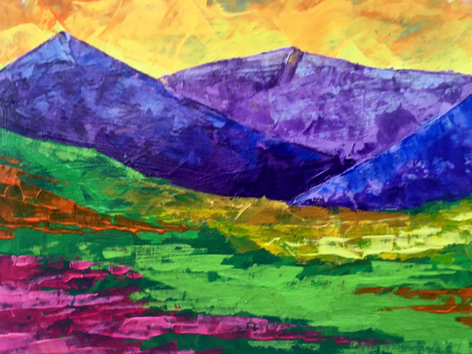 Vibrant abstract mountain landscape oil painting by V. Zadorozhnya, By the evening