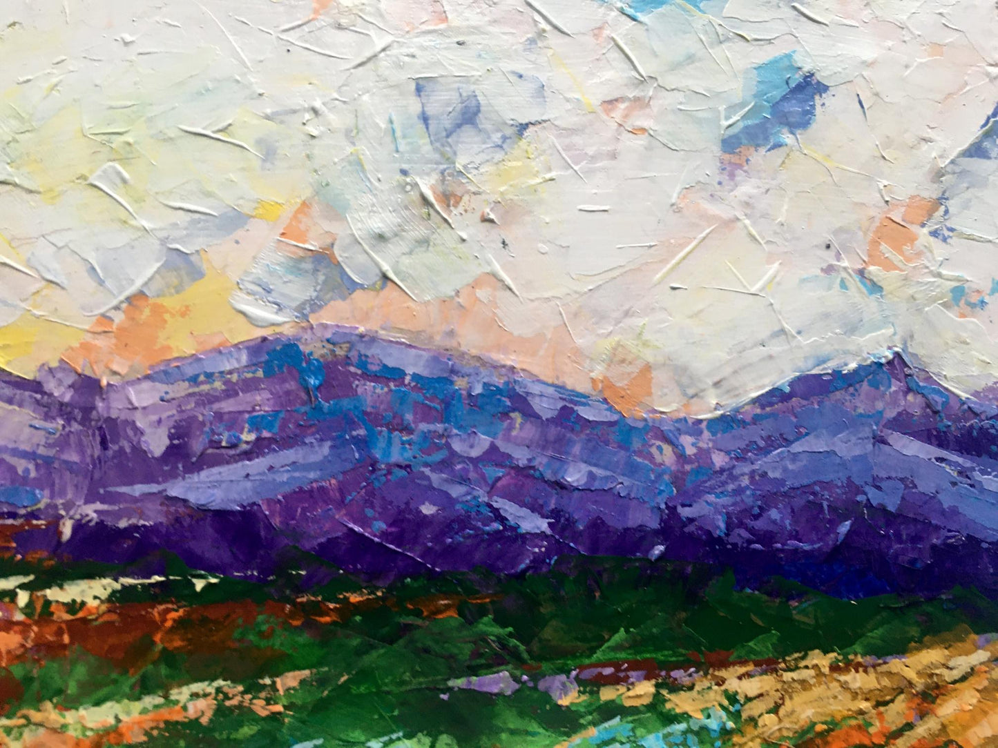 Oil painting Holidays in the Mountains by V. Zadorozhnya, purple impasto peaks