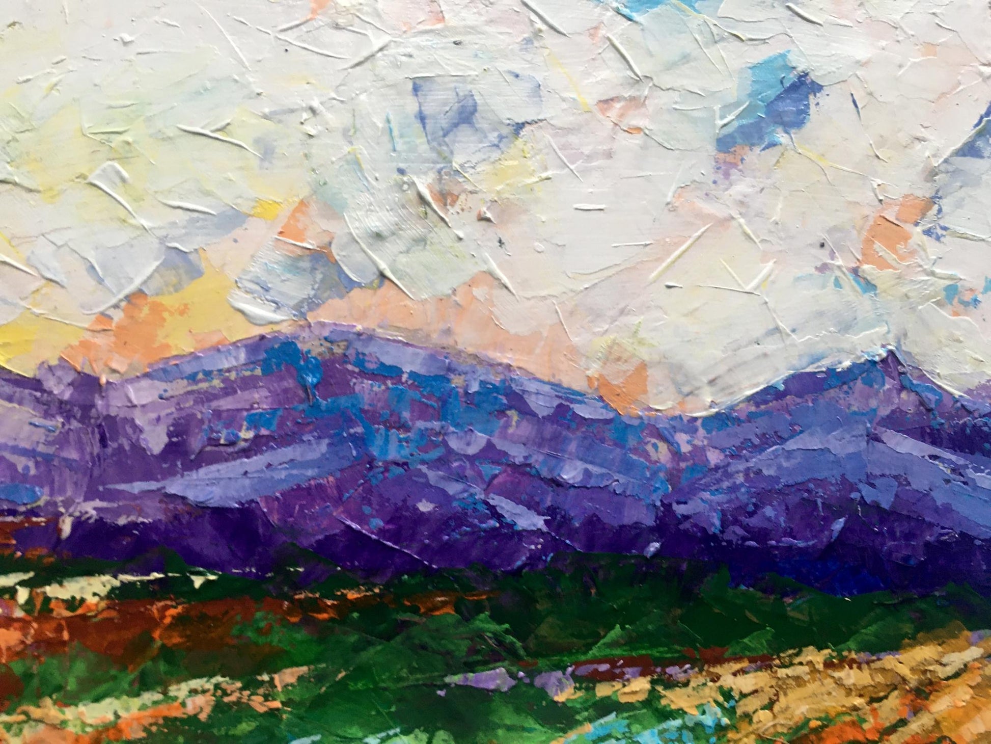 Oil painting Holidays in the Mountains by V. Zadorozhnya, purple impasto peaks