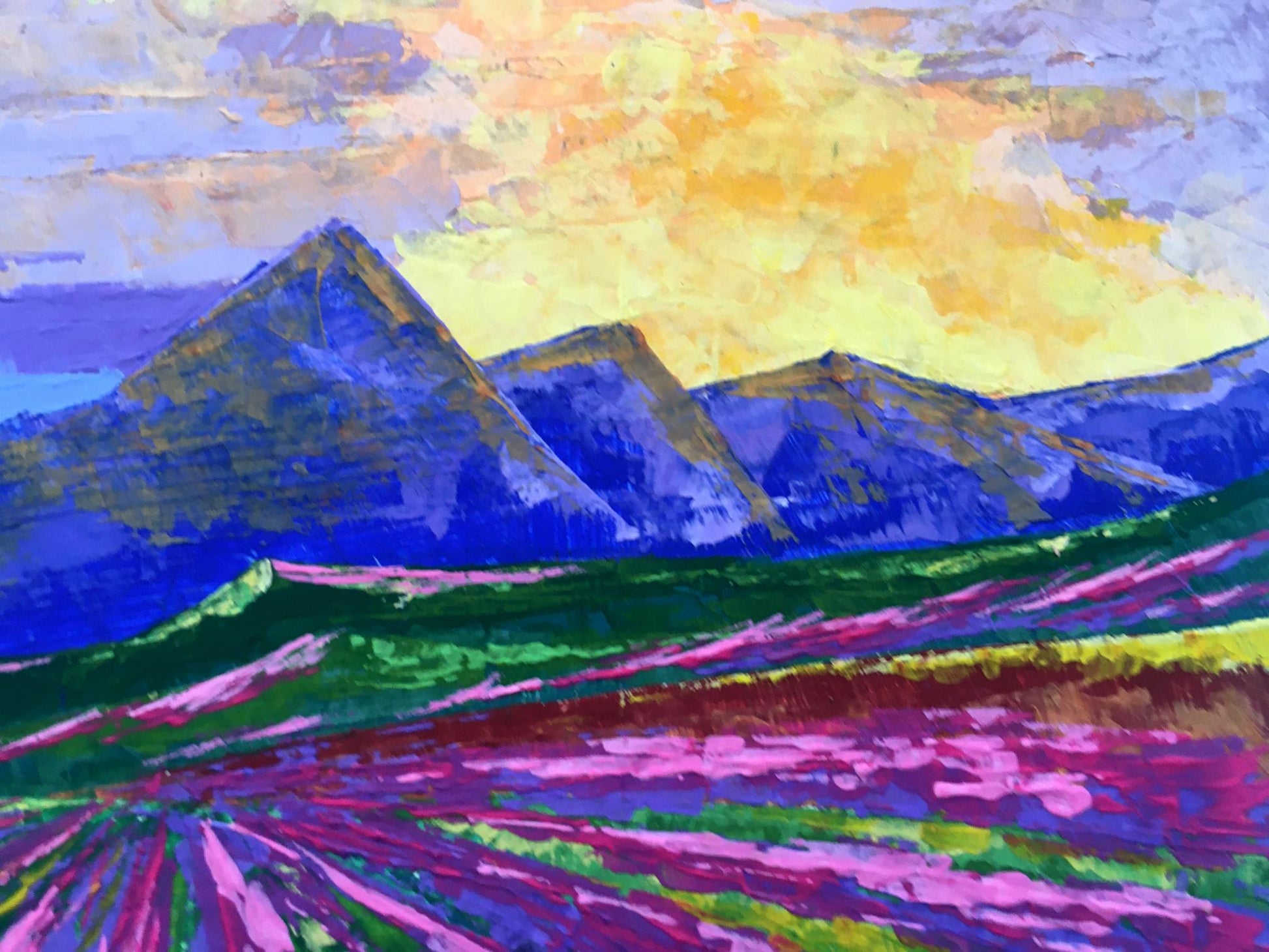 Oil painting Sunrise on the mountains by Zadorozhnya V. V. vibrant abstract landscape
