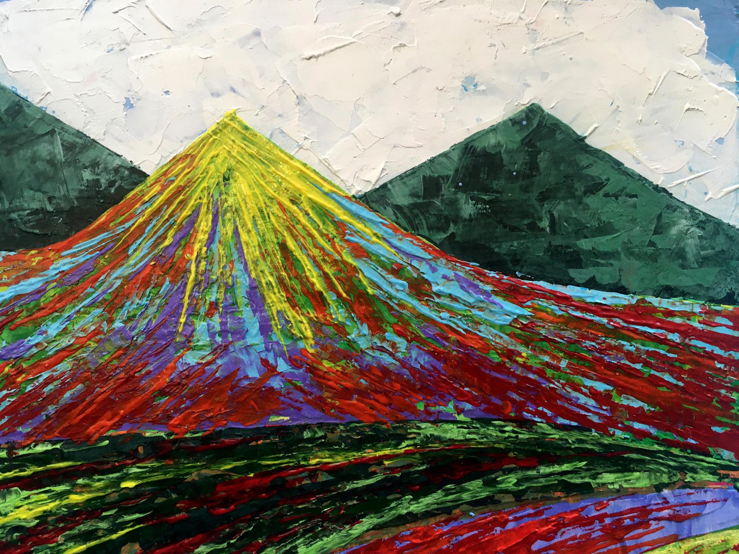 Oil painting Great Peak Mountains by V. Zadorozhnya with vibrant textured slopes
