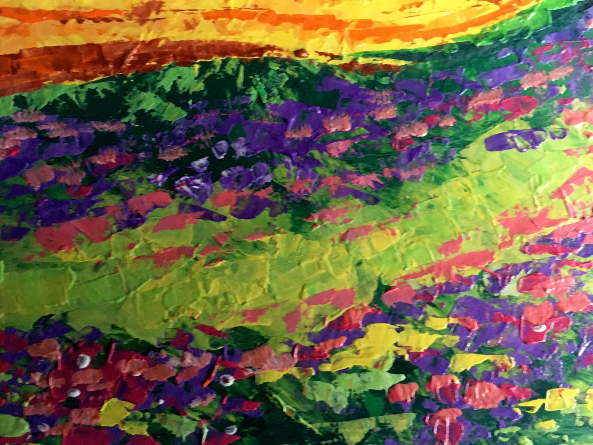 Vibrant Carpathians oil painting by V. Zadorozhnya with bold green, purple, pink, yellow strokes