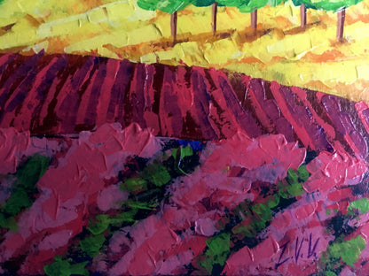 Vibrant impressionist oil painting of vineyards in forested mountains by V. Zadorozhnya