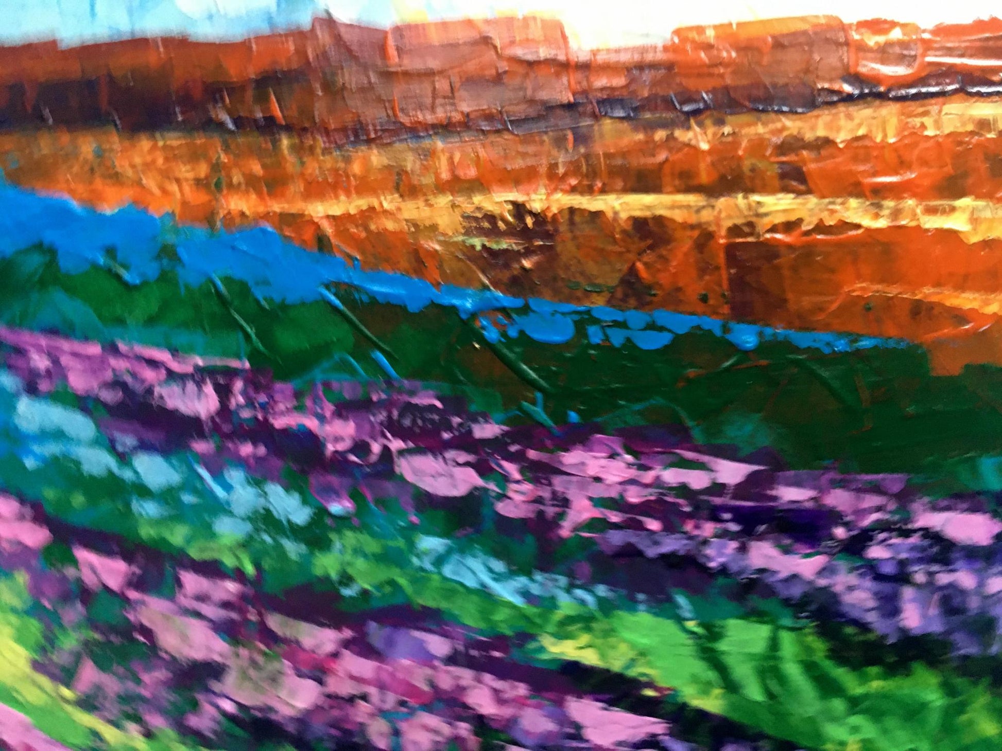 Vibrant oil painting Hot day by Zadorozhnya V. V. with textured orange blue green purple layers
