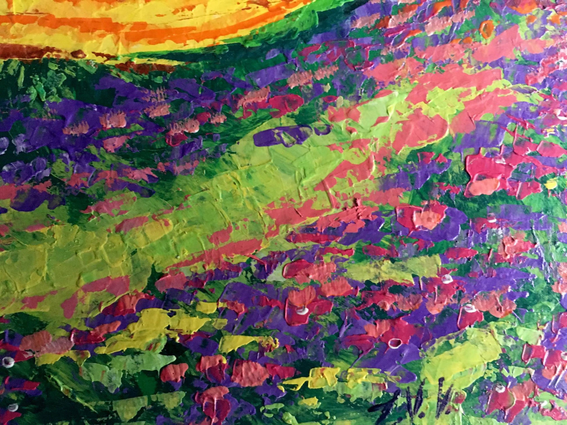 Vibrant Carpathians V oil painting by Zadorozhnya with textured purple pink green yellow strokes