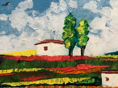 Oil painting Somewhere in the field by Zadorozhnya V. V. white house red roof trees