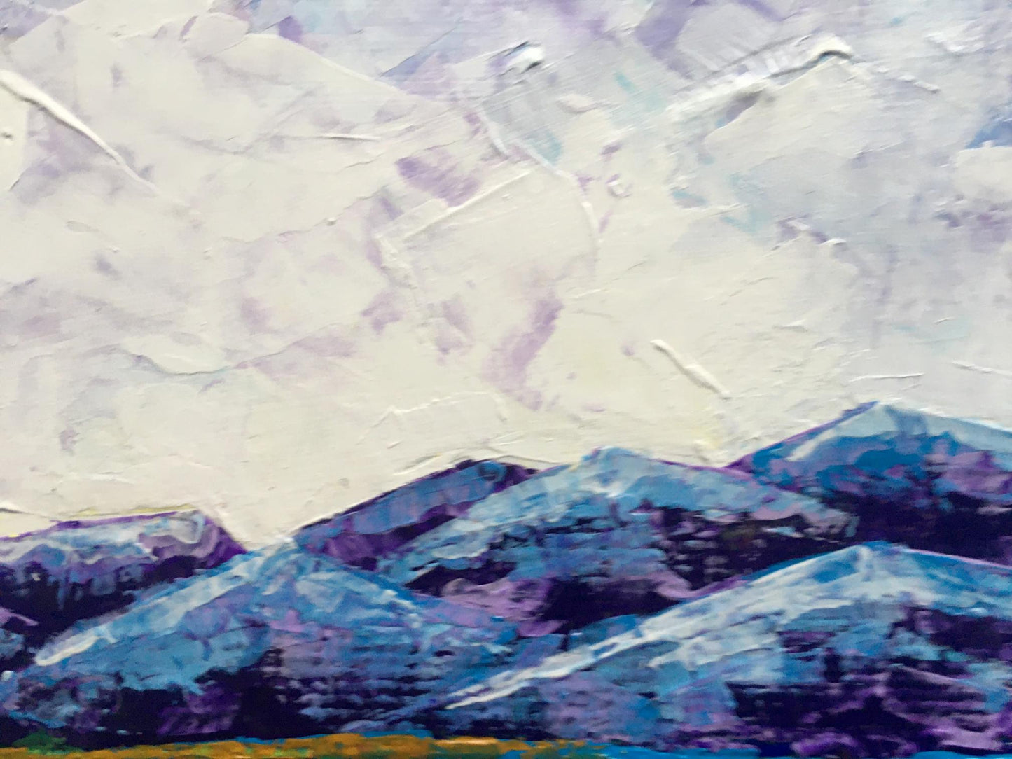 Oil painting of snow-capped mountains on cloudy day by V. Zadorozhnya