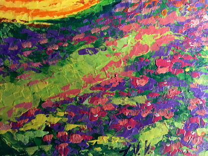 Vibrant Carpathians oil painting by V. Zadorozhnya with bold green, purple, red, yellow strokes