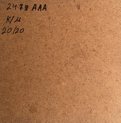 Back of Oil painting Carpathians V. Zadorozhnya on brown particle board with black ink markings