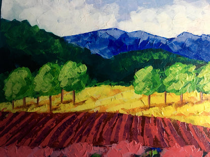 Oil painting of vineyards in forested mountains by V. Zadorozhnya