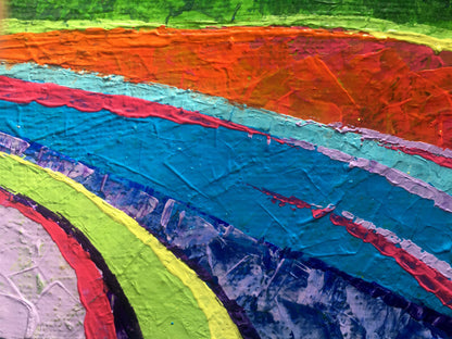 Vibrant oil painting of big mountains by V. Zadorozhnya with bold textured stripes