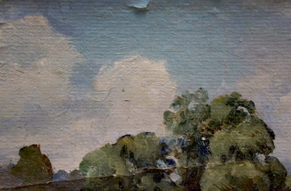 Oil painting Before the Rain: blue cloudy sky over green treetops