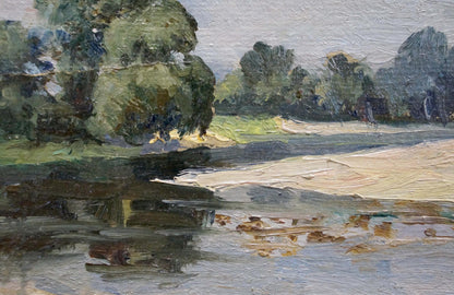 Oil painting Before the rain: serene river with lush trees and reflective water