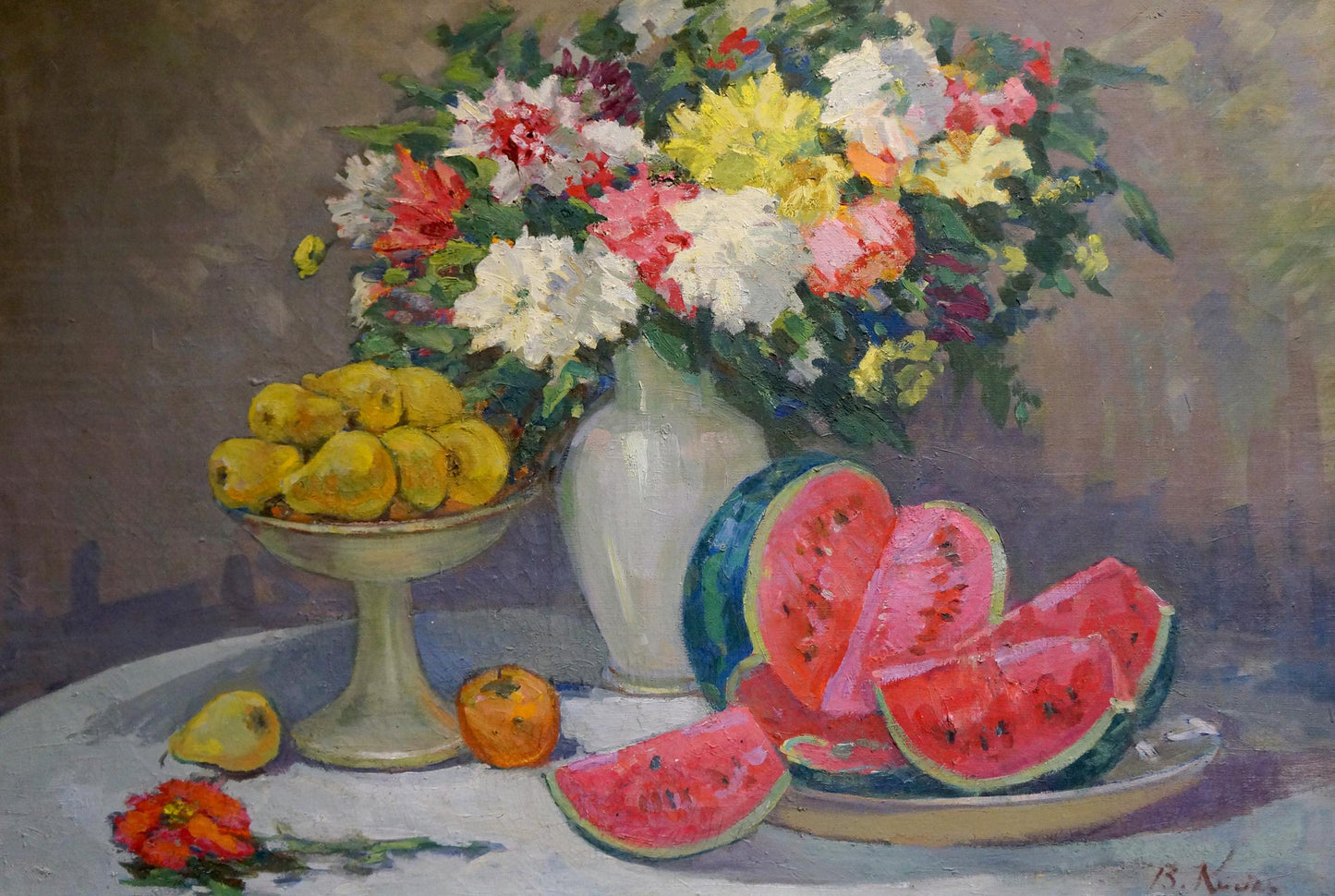 Oil painting Still life with watermelons Kisil V vibrant bouquet in vase
