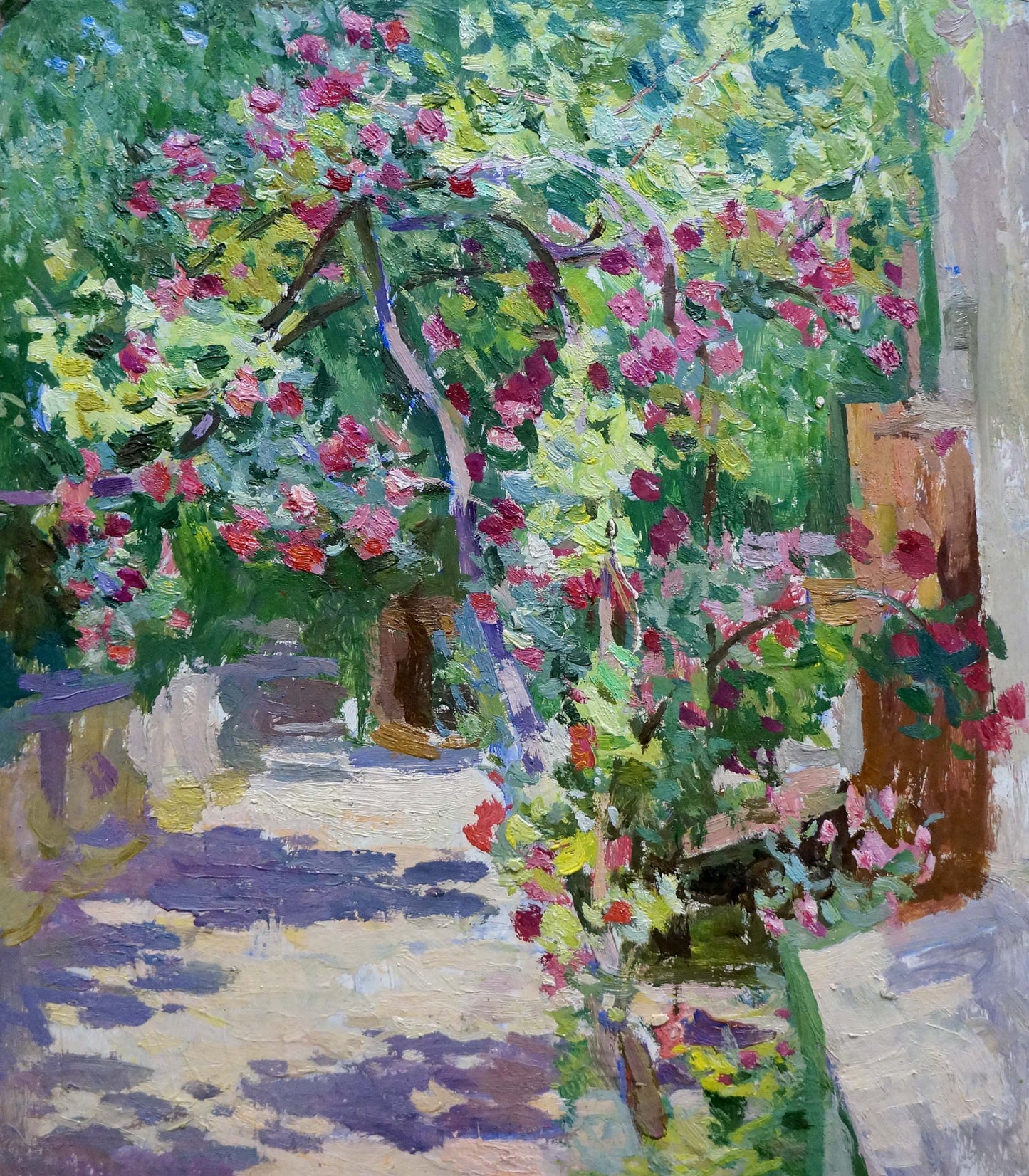 Vibrant impressionist oil painting of pink-blossoming tree by Zatsepina Zinaida Ilinichna