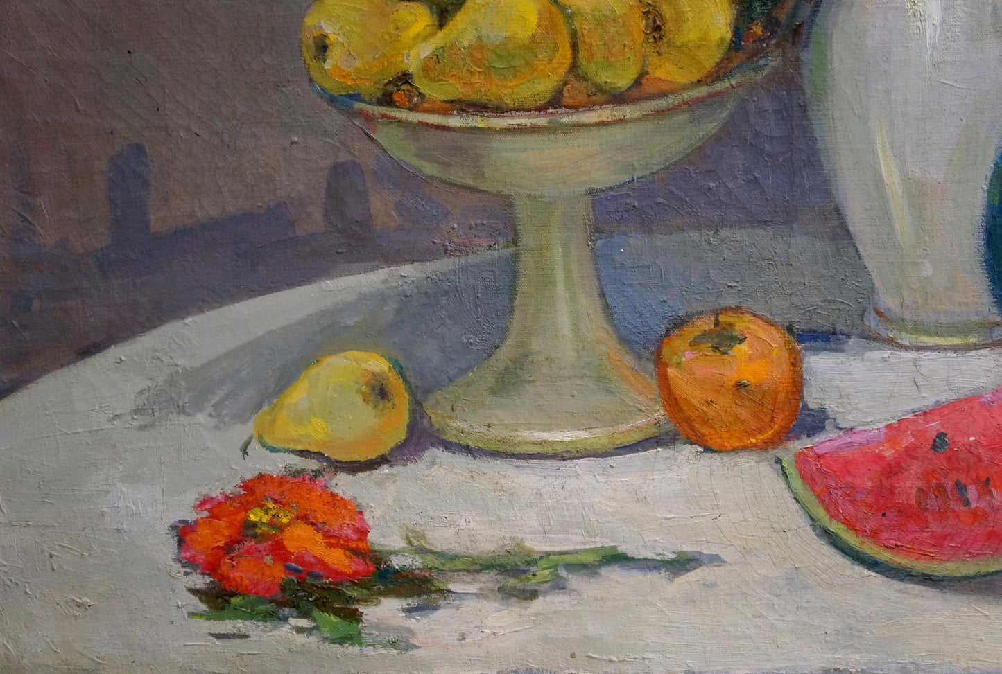 Oil painting Still life with watermelons Kisil V light green bowl of yellow pears