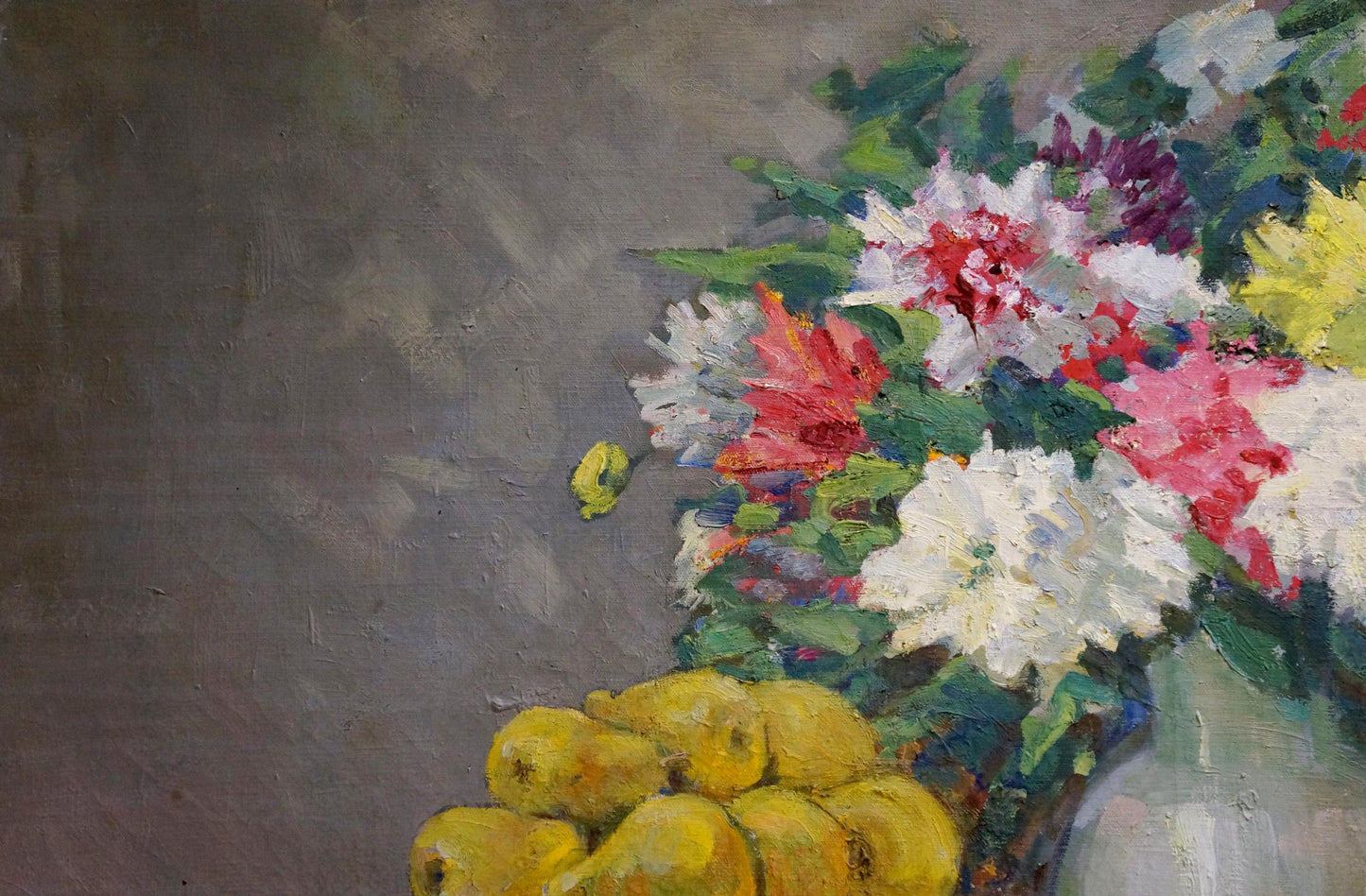 Oil painting by Kisil V: vibrant mixed flowers in white vase with yellow pears