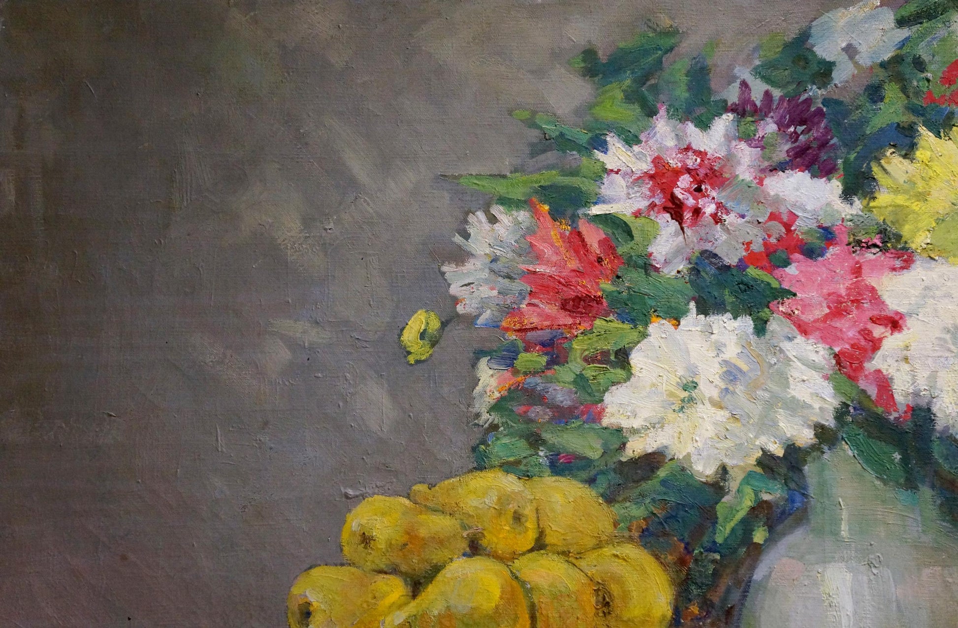 Oil painting by Kisil V: vibrant mixed flowers in white vase with yellow pears