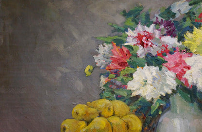 Oil painting by Kisil V: vibrant mixed flowers in white vase with yellow pears