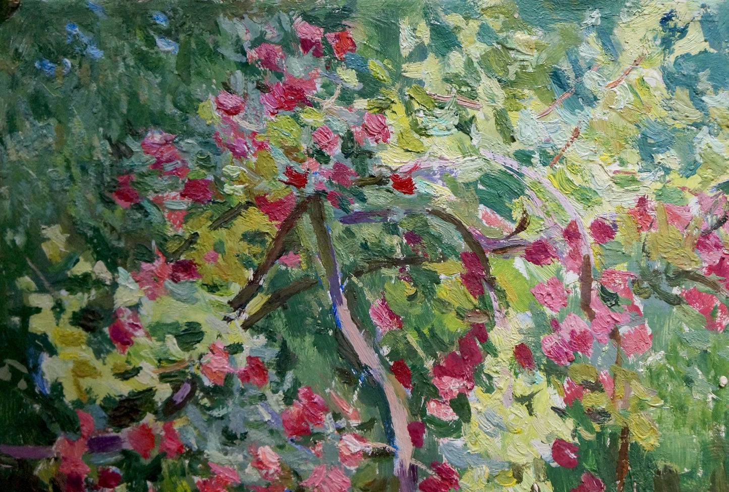 Vibrant impressionist oil painting of pink-blossoming tree by Zatsepina Zinaida Ilinichna