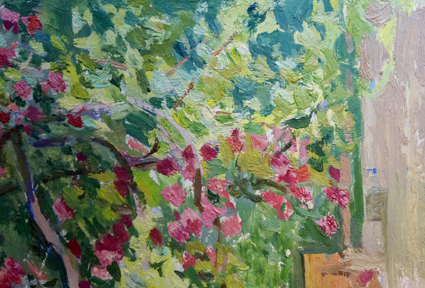 Vibrant impressionist oil painting of pink flowering bush by Zatsepina Zinaida Ilinichna