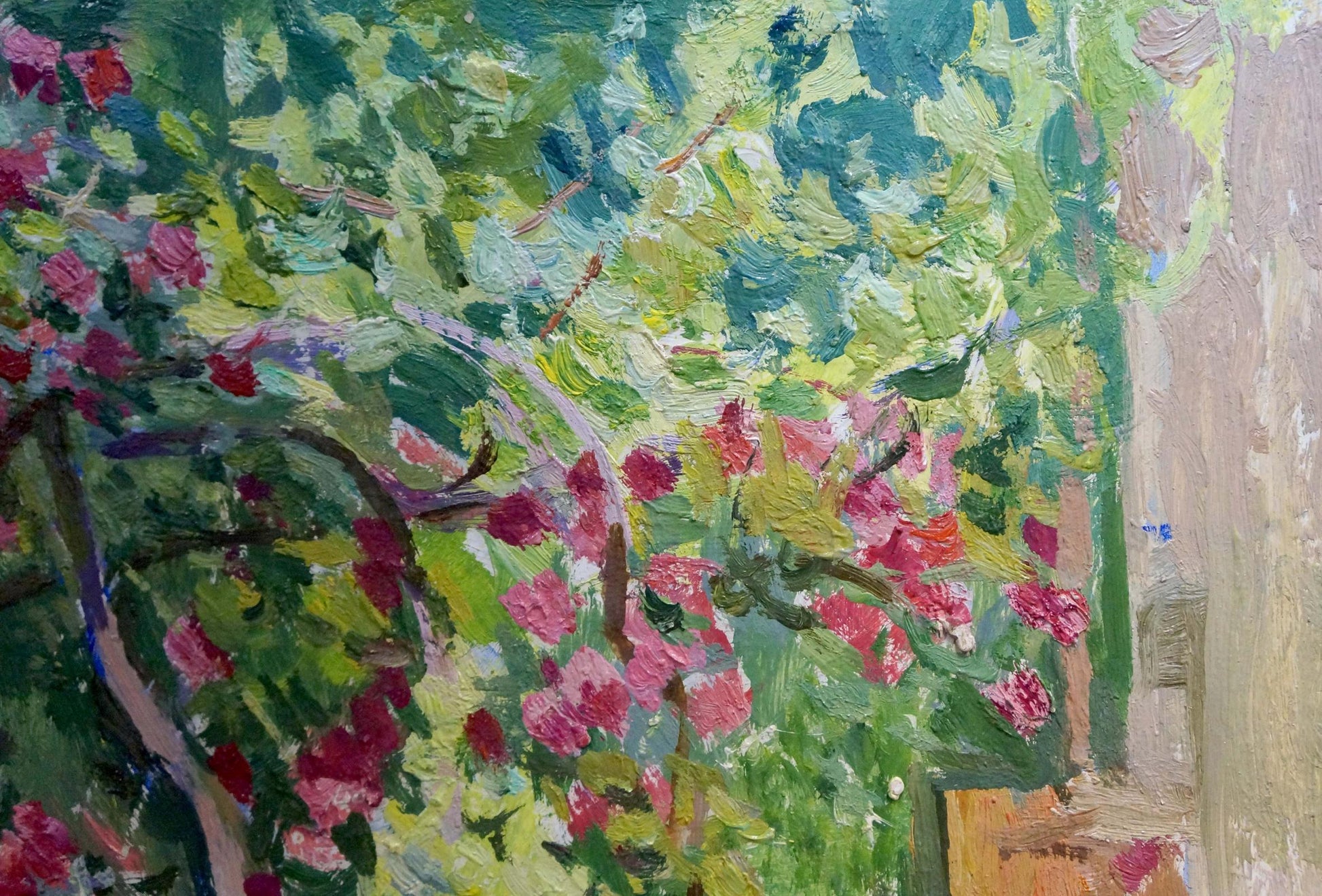Vibrant impressionist oil painting of pink flowering bush by Zatsepina Zinaida Ilinichna