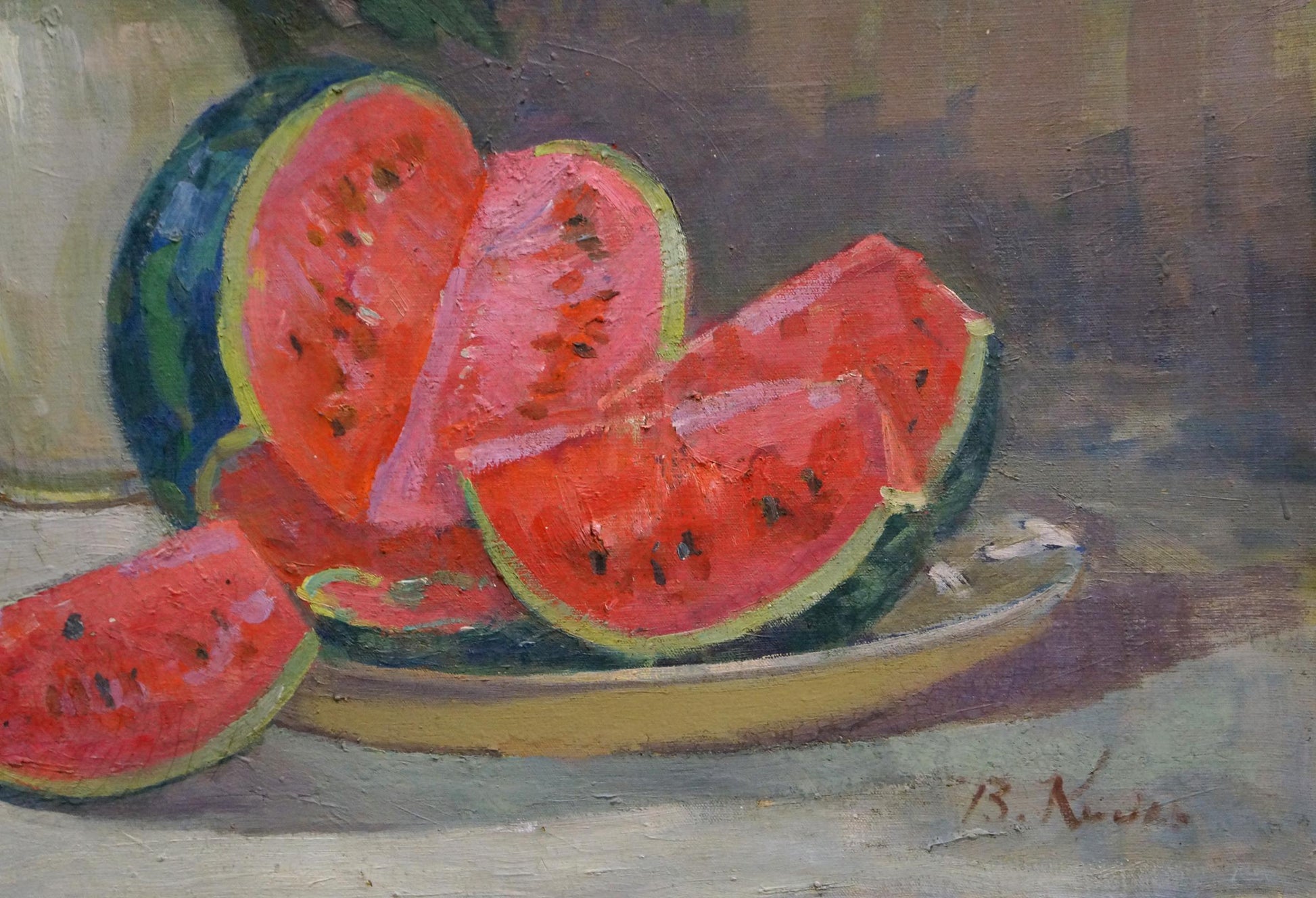 Oil painting of vibrant red watermelon wedges on yellow plate by Kisil V