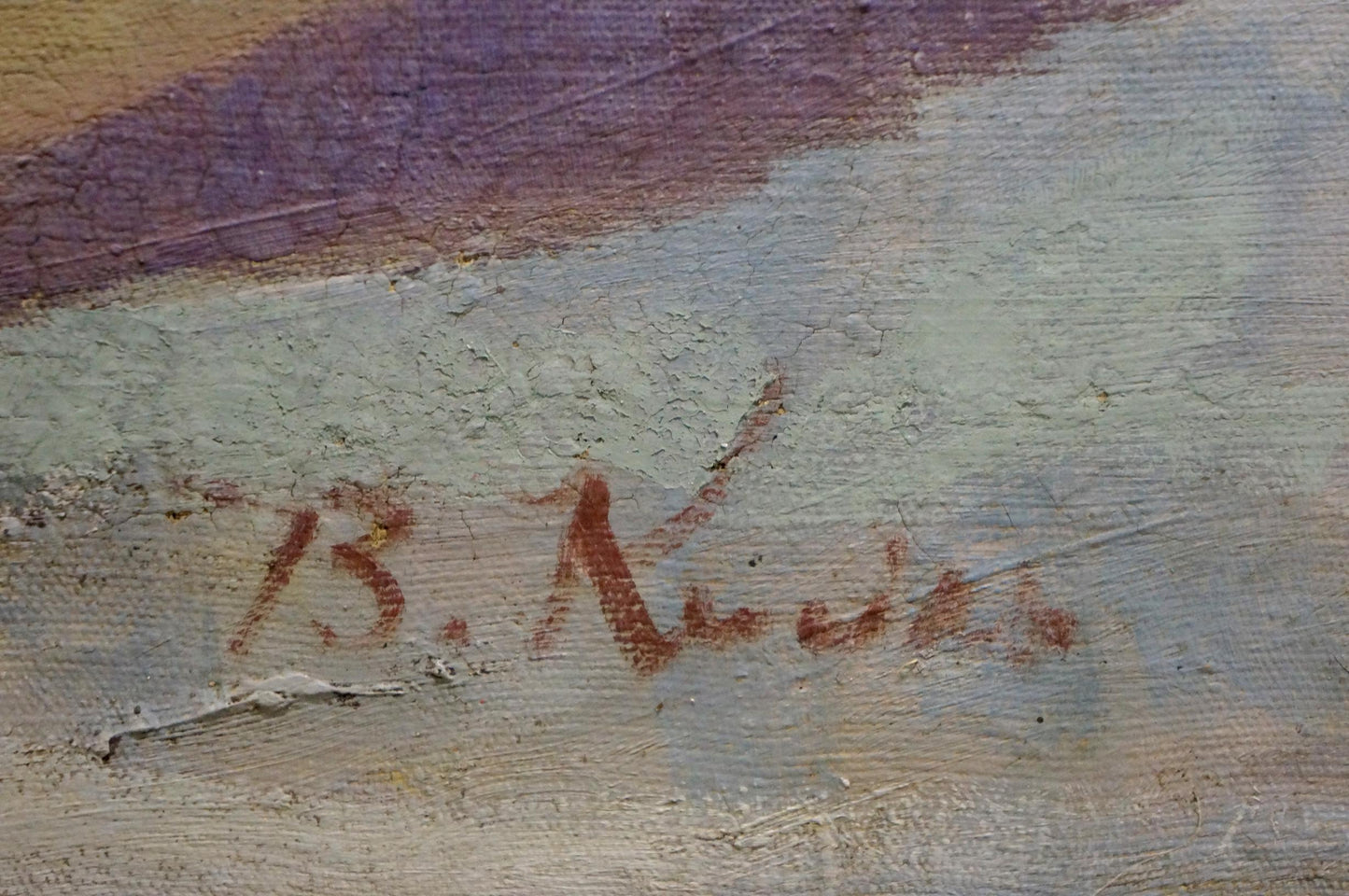 Red cursive b signature on back of Kisil V oil painting Still life with watermelons