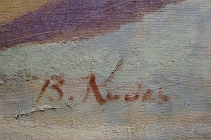 Red cursive b signature on back of Kisil V oil painting Still life with watermelons