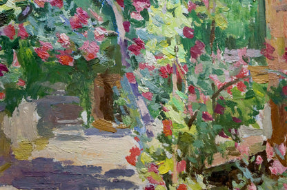 Vibrant impressionist oil painting by Zatsepina Zinaida Ilinichna with lush green foliage and pink blossoms