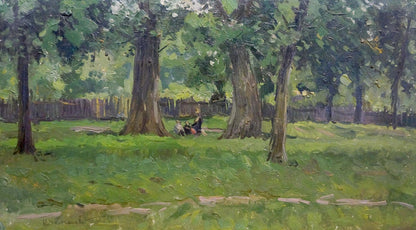 Serene sunlit park oil painting by Chernesheva P, people resting