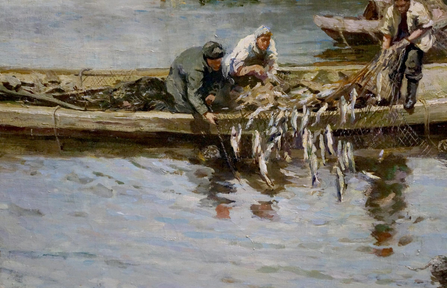Oil painting by Muho Nikolay Antonovich: fishermen hauling net of silvery fish in wooden boat