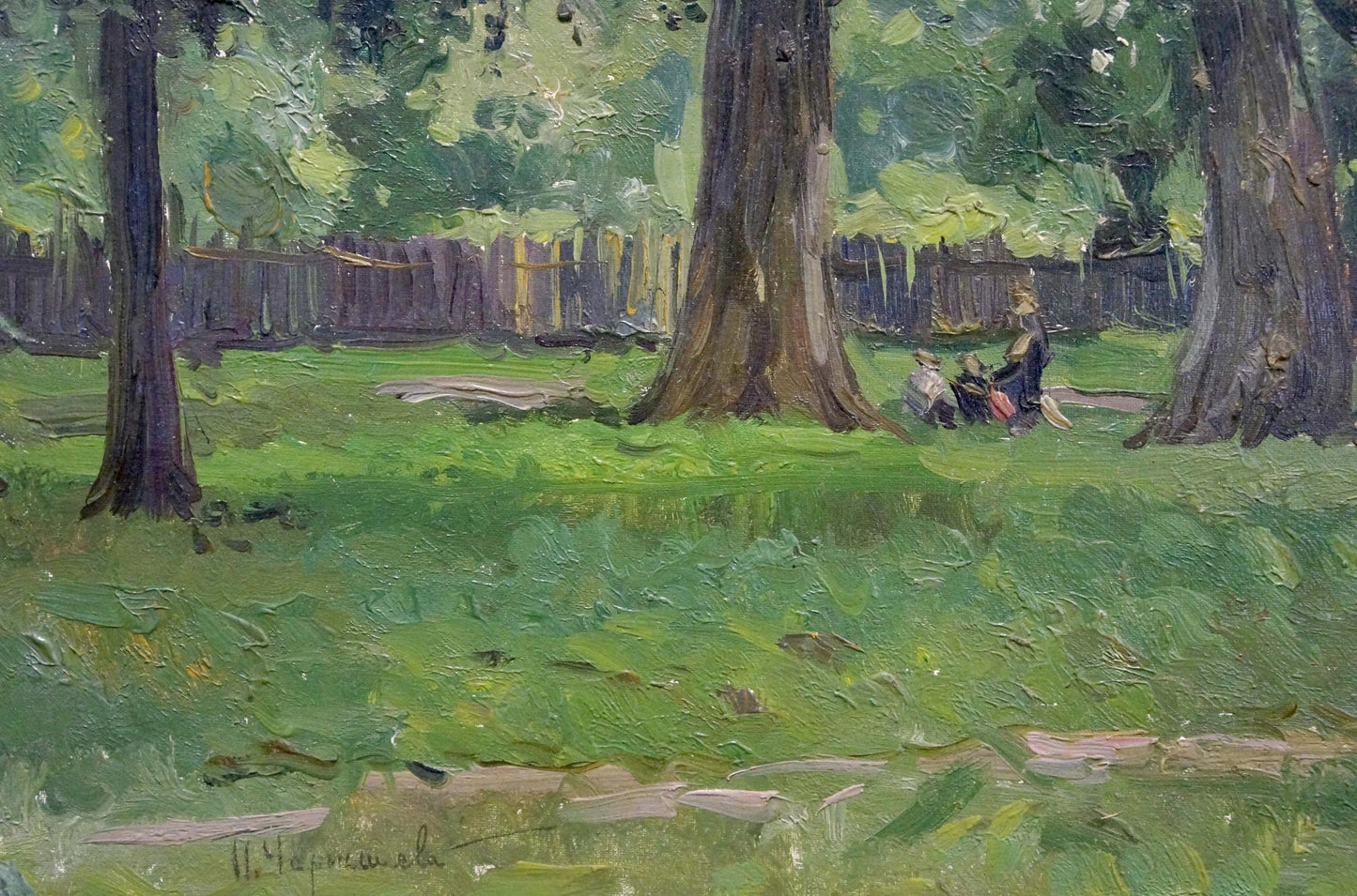 Oil painting by Chernesheva P: woman in dark dress walks with two small dogs in sunlit park