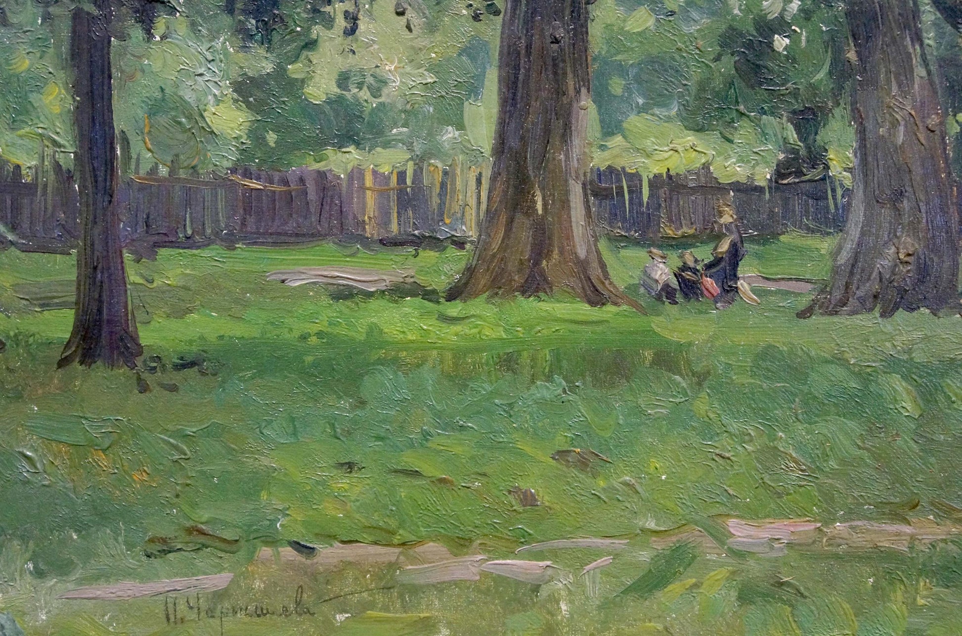 Oil painting by Chernesheva P: woman in dark dress walks with two small dogs in sunlit park