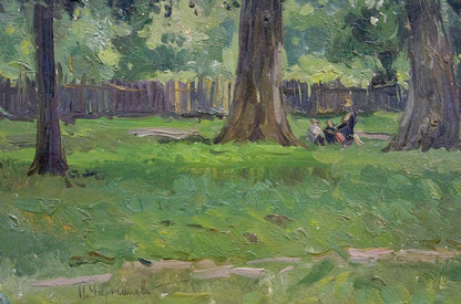 Oil painting by Chernesheva P: woman in dark dress walks with two small dogs in sunlit park