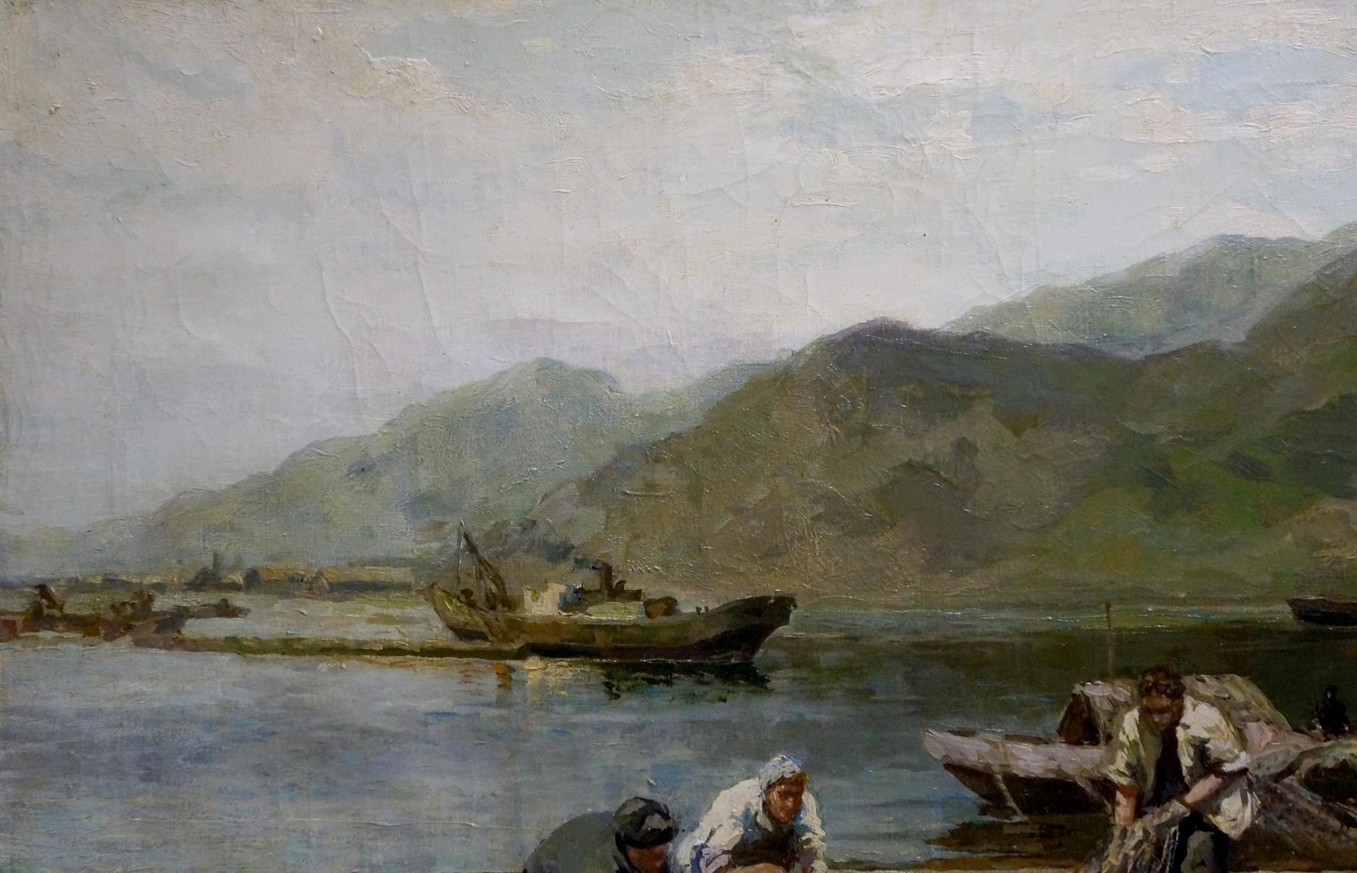 Serene oil painting by Muho Nikolay Antonovich: tranquil river with boats, mountains, figures fishing