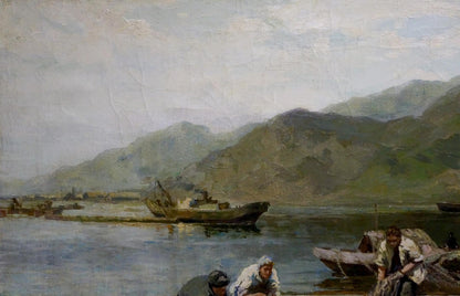 Serene oil painting by Muho Nikolay Antonovich: tranquil river with boats, mountains, figures fishing