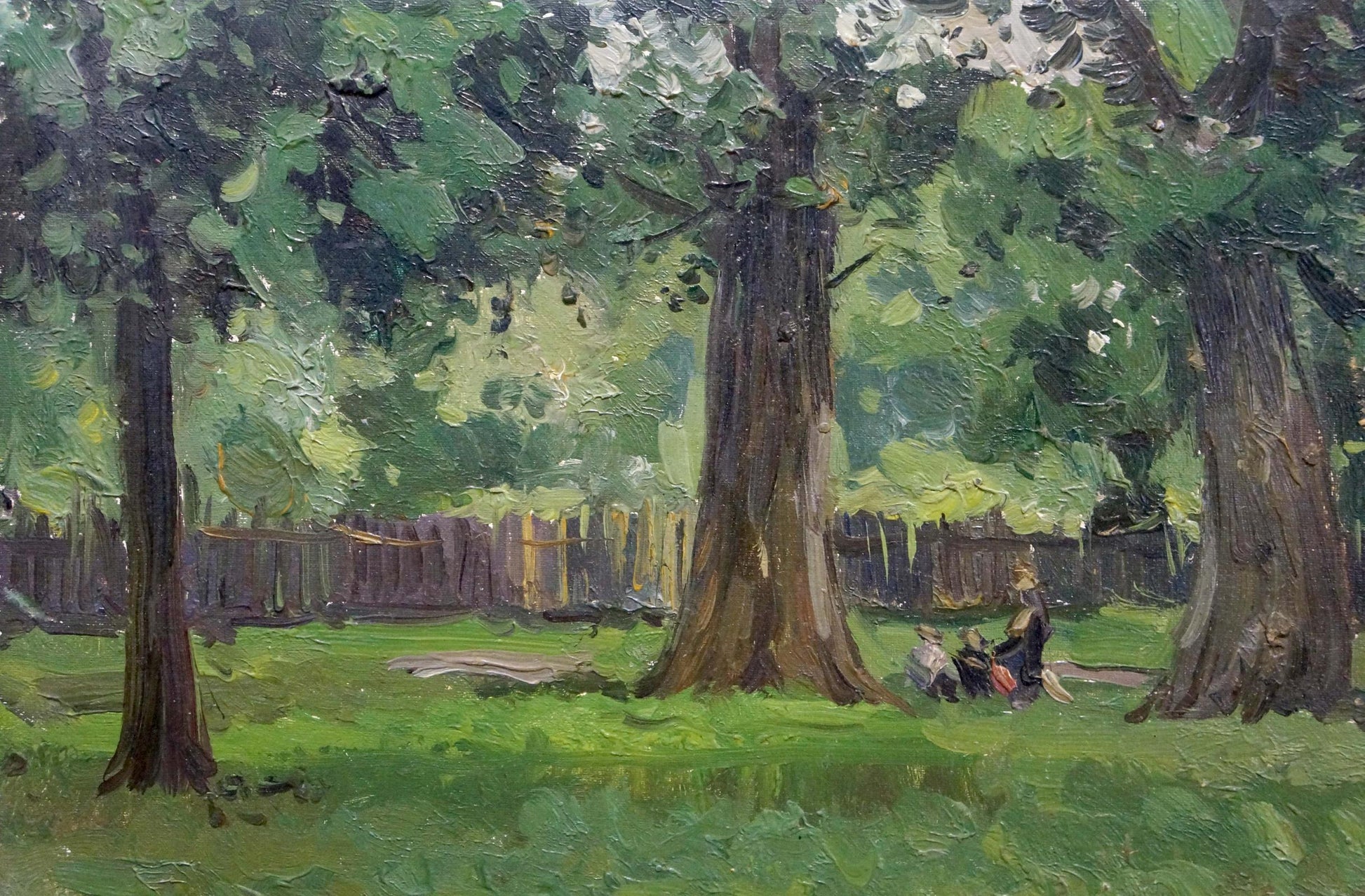 Oil painting by Chernesheva P: serene park with trees and sunlight
