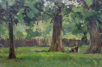 Oil painting by Chernesheva P: serene park with trees and sunlight