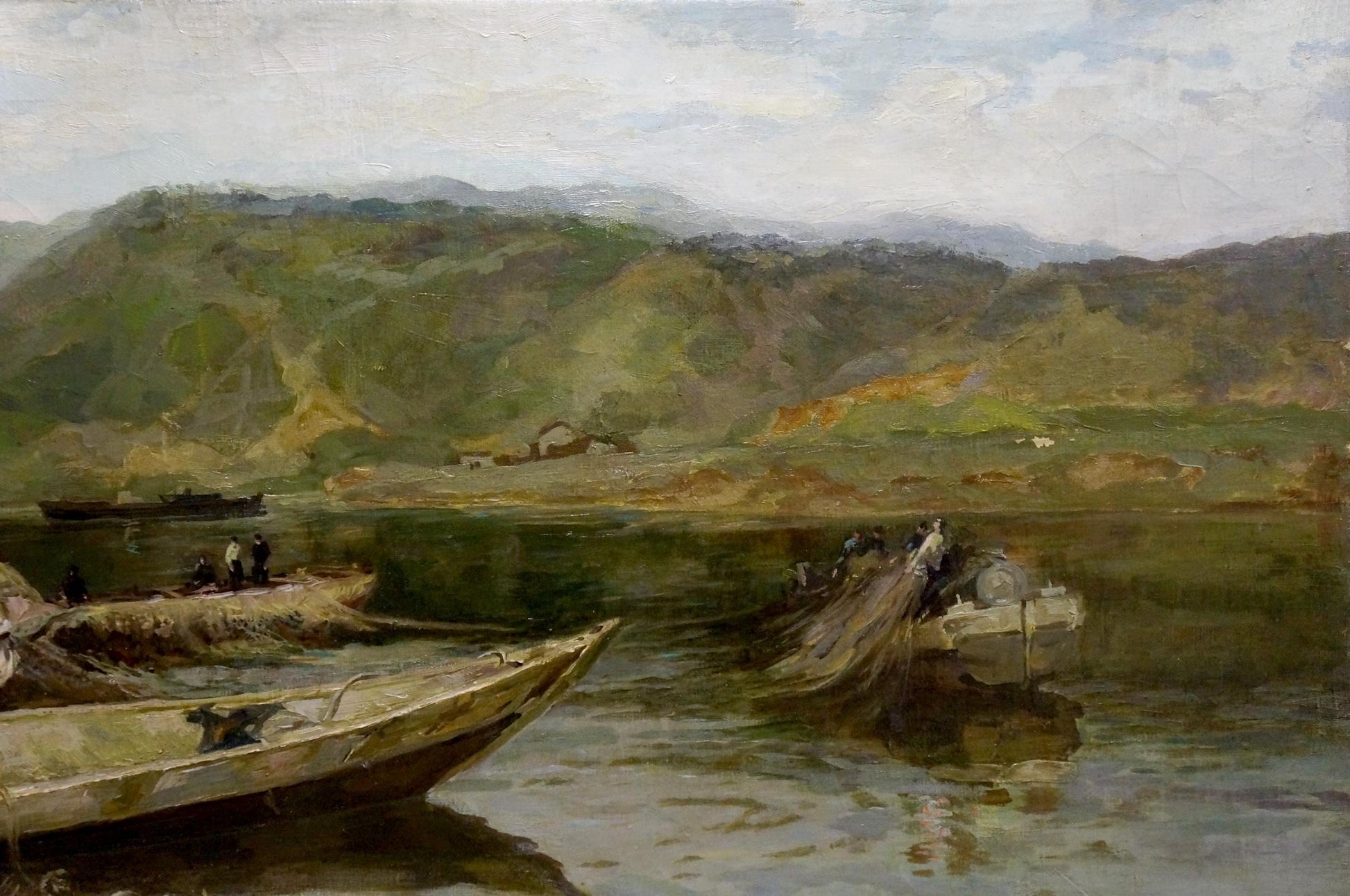 Serene oil painting by Muho Nikolay Antonovich: river with boats, hills, cloudy sky