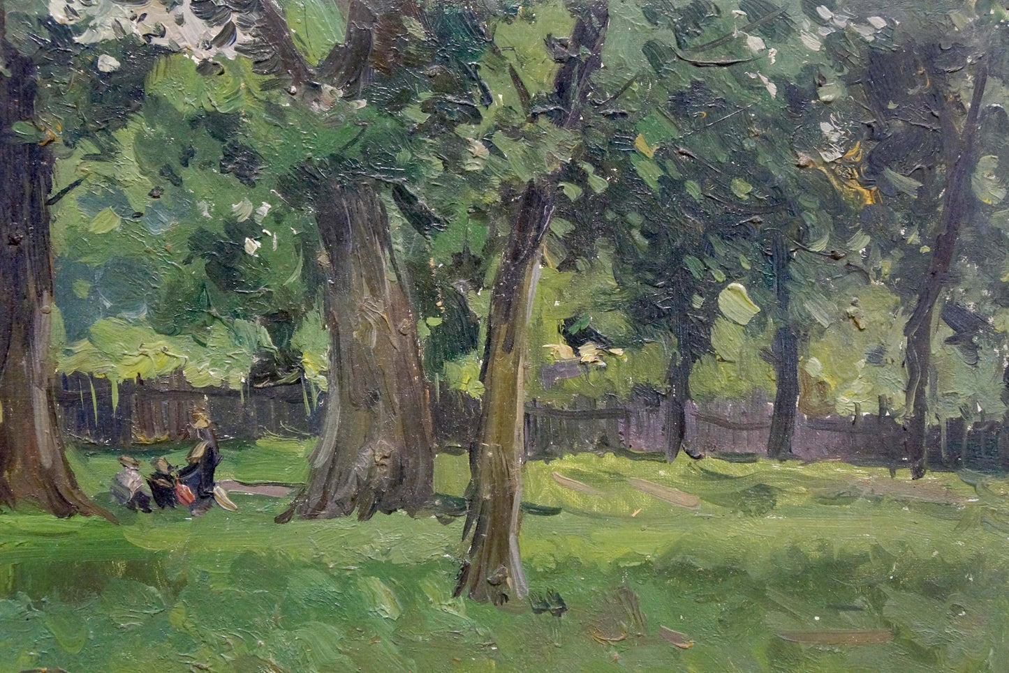 Lush impressionistic oil painting of park trees by Chernesheva P