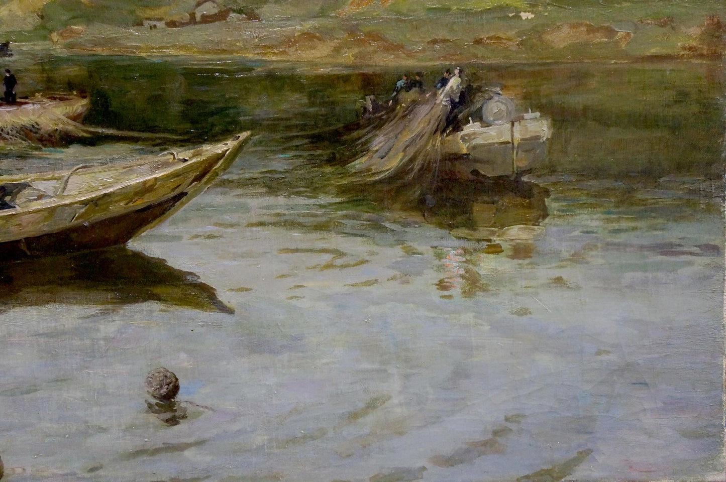 Oil painting by Muho Nikolay Antonovich: weathered wooden fishing boat on calm water